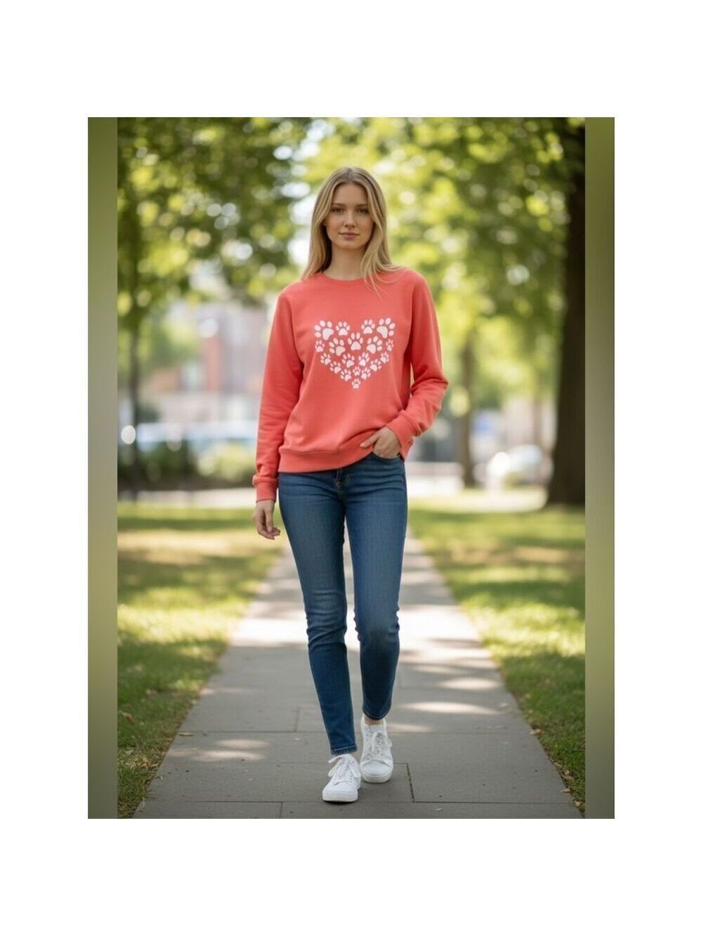 Women's Coral Heart Paw Print Sweater
